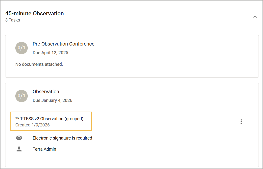 Overview of tasks including an Observation you can select and due dates for completion.